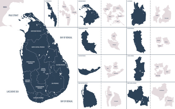 Vector color detailed map of Sri Lanka with administrative divisions of the country, each provinces is presented separately in-highly detailed and divided into districts