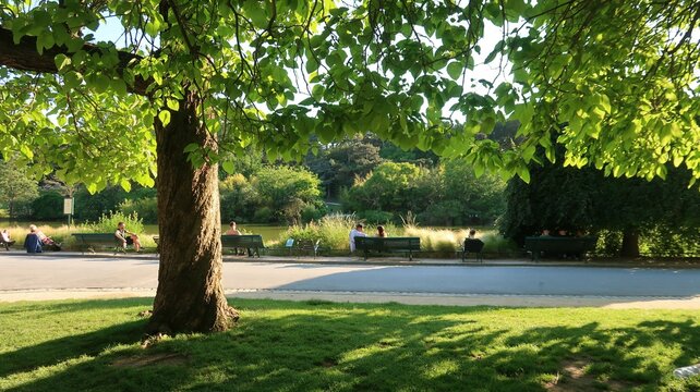 Arbre, pelouse, all&eacute;e et bancs au bord du lac du parc Montsouris, grand jardin public dans le 14&egrave;me arrondissement de la ville de Paris (France)