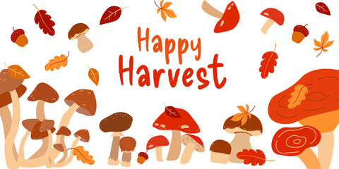Happy harvest. Autumn illustration with mushrooms and leaves.