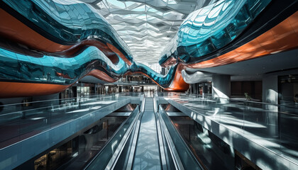 Obraz premium Walking through futuristic subway station, reflecting city life abstract design generated by AI