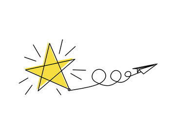Abstract color star wth paper plane as line drawing on white