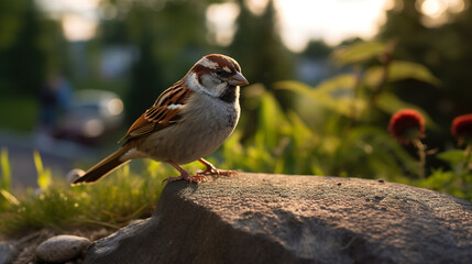 Small sparrow in a park in late afternoon. Selective focus shot of sparrow. Realistic 3D illustration. Generative AI