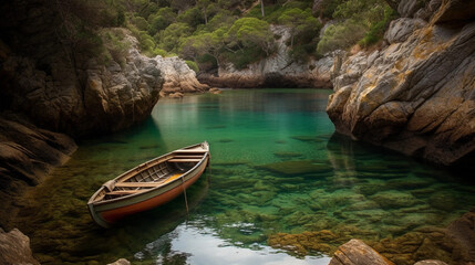 Naklejka na ściany i meble A hidden cove with a small boat gently rocking on the calm water