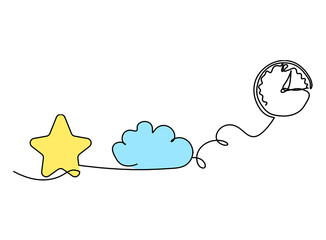 Abstract color star wth clock as line drawing on white