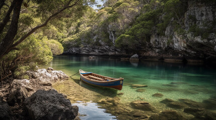 Naklejka na ściany i meble A hidden cove with a small boat gently rocking on the calm water
