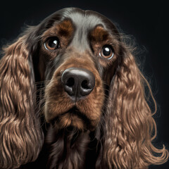 Studio shot with cute English cocker spaniel dog portrait with the curiosity and innocent look as concept of modern happy domestic pet in ravishing hyper realistic detail by Generative AI.