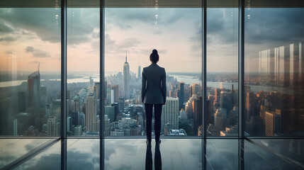 Mulher de negócios em pé em frente uma janela grande em um arranha céu