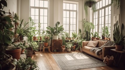 Fototapeta na wymiar Biophilic interior of living room with huge windows and lots on plants and natural. light, neural