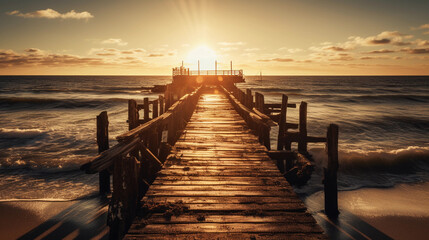 Fototapeta premium An pier stretching into the horizon, illuminated by golden sunlight