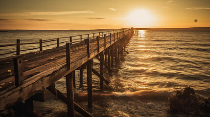 Obraz premium An pier stretching into the horizon, illuminated by golden sunlight