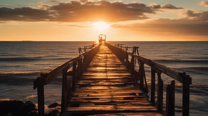 Obraz premium An pier stretching into the horizon, illuminated by golden sunlight