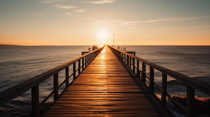 Fototapeta na wymiar An pier stretching into the horizon, illuminated by golden sunlight