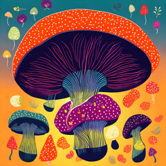 exotic mushrooms ai generative, ai generative colorful mushrooms, magical mushrooms ai generative, ai ethereal mushrooms, ai digital illustrations of exotic mushrooms, exotic herbs, ai digital herbs