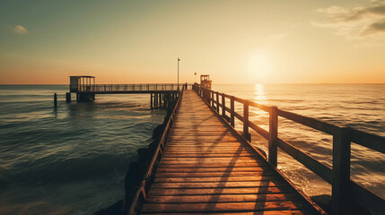 Naklejka na ściany i meble An pier stretching into the horizon, illuminated by golden sunlight