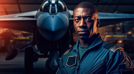 Fototapeta na wymiar African American military fighter jet pilot portrait. Generative AI