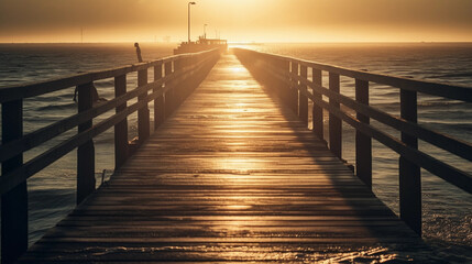 Fototapeta premium An pier stretching into the horizon, illuminated by golden sunlight