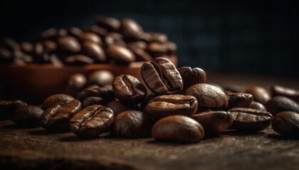 Dark roasted coffee beans heap on wooden table, scented freshness generated by AI