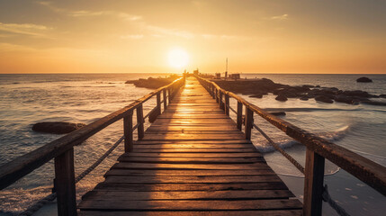 An pier stretching into the horizon, illuminated by golden sunlight - obrazy, fototapety, plakaty