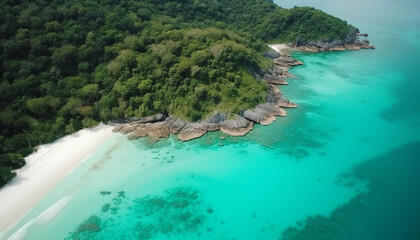 Aerial view of idyllic turquoise coastline, palm trees and reef generated by AI