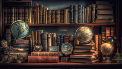 A dusty old bookshelf holds an abundance of ancient wisdom generated by AI