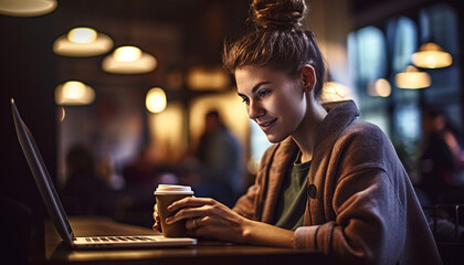 One young woman sitting indoors at coffee shop, using laptop generated by AI