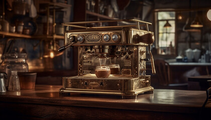 Fototapeta na wymiar Barista prepares fresh cappuccino using old fashioned coffee grinder indoors generated by AI