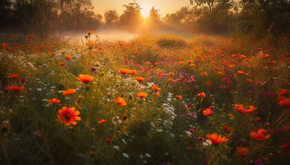Vibrant wildflowers blossom in tranquil meadow at sunset, idyllic scene generated by AI