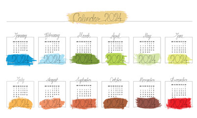 2024 year hand draw month calendar with brush strokes. Vector stock illustration isolated on white background for social media template, print industry or design photo album. Editable stroke.
