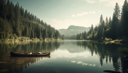 Kayaking in the tranquil waters of a forest pond at dawn generated by AI