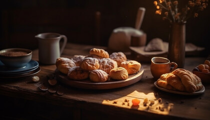 Fototapeta premium Rustic homemade croissant and shortbread, baked with chocolate and butter generated by AI