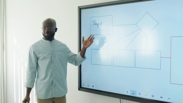Medium shot of young African American male teacher standing in classroom or kids club, drawing algorithm scheme on interactive whiteboard, and explaining subject of new lesson
