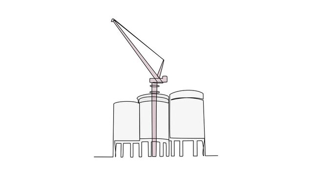 Animated self drawing of single continuous line draw for Ash Silo with tower crane at industrial power plant. Ash Silo design in simple linear style. Power plant design concept animation.