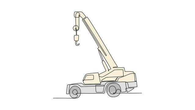 Animated self drawing of single continuous line draw for mobile crane in the site project. Heavy transportation in simple linear style. Industrial design concept animation. full length animation