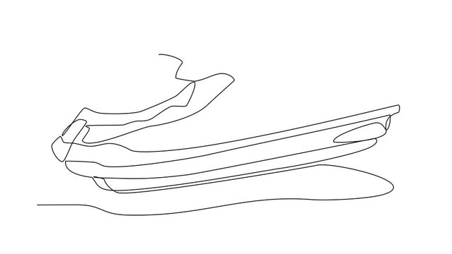 Animated self drawing of single continuous line draw for a  jetski on the sea. Jetski in simple linear style. Sea transportation design concept animation. full length animation