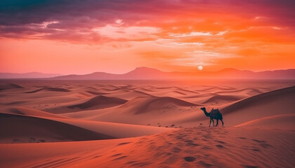 Fototapeta na wymiar A majestic camel treks through arid terrain at sunset generated by AI