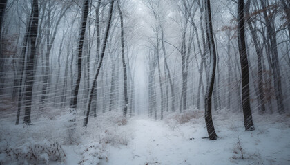A foggy winter forest, tranquil scene of mystery and beauty generated by AI