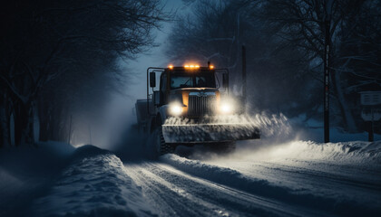 Fototapeta na wymiar A bulldozer clears snow, working through the night in winter generated by AI