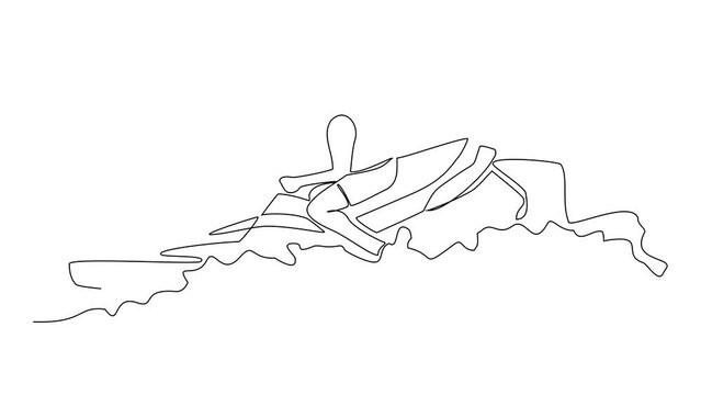 Animated self drawing of single continuous line draw for a people playing jetski on the sea. Jetski in simple linear style. Sea transportation design concept animation. full length animation
