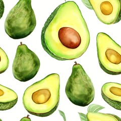 Seamless watercolor pattern with avocado on the white background Generative AI