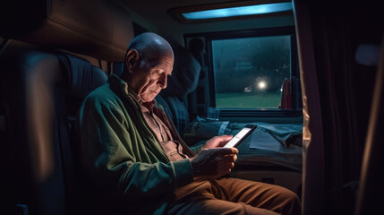  Senior mature traveler holding smartphone enjoying free internet or checking rentals in camping at night created with generative AI technology