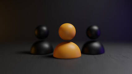 Highlighted human icon. Concept of leadership and standing out in the crowd. Centered 3D render illustration