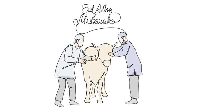 Animated self drawing of single continuous line draw for ceremony of Hajj Day. Islamic holiday that falls on the 10th day of Dhu al-Hijjah of the lunar Islamic Calendar design concept design concept. 