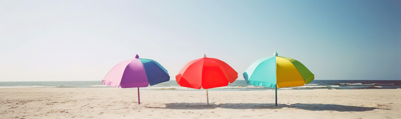 Obraz na płótnie Canvas A few colorful parasols, umbrellas on a sunny beach