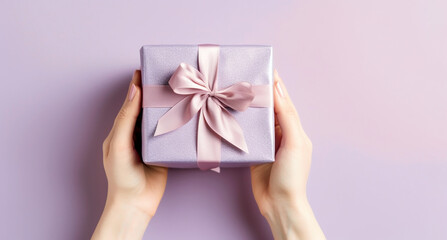 Woman's hands holding gift or present box on pink pastel background, top view. Generative AI