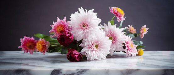 Beautiful white flowers, chrysanthemums, over marble background. Bouquet of flowers at cemetery , funeral concept.