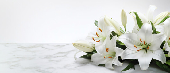 Beautiful white flowers, lilies , over marble background. Bouquet of flowers at cemetery , funeral concept. - 614894754