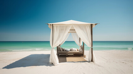 Fototapeta na wymiar A shaded beach cabana providing protection from the sun