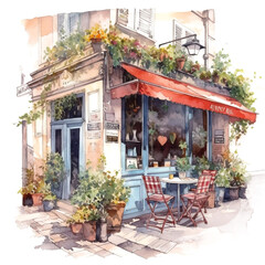 Fototapeta na wymiar watercolor painting french cozy café store front isolated on a white background made with AI generative technology