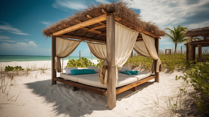 Fototapeta na wymiar A shaded beach cabana providing protection from the sun
