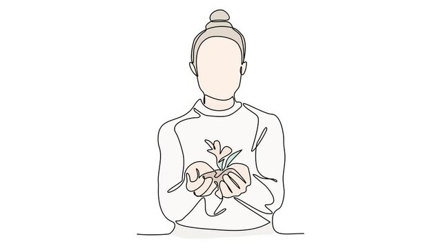 Animated self drawing of single continuous line draw for a woman is holding a beautiful flower on a white background. flower design in simple linear style. Plant design concept . full length animation